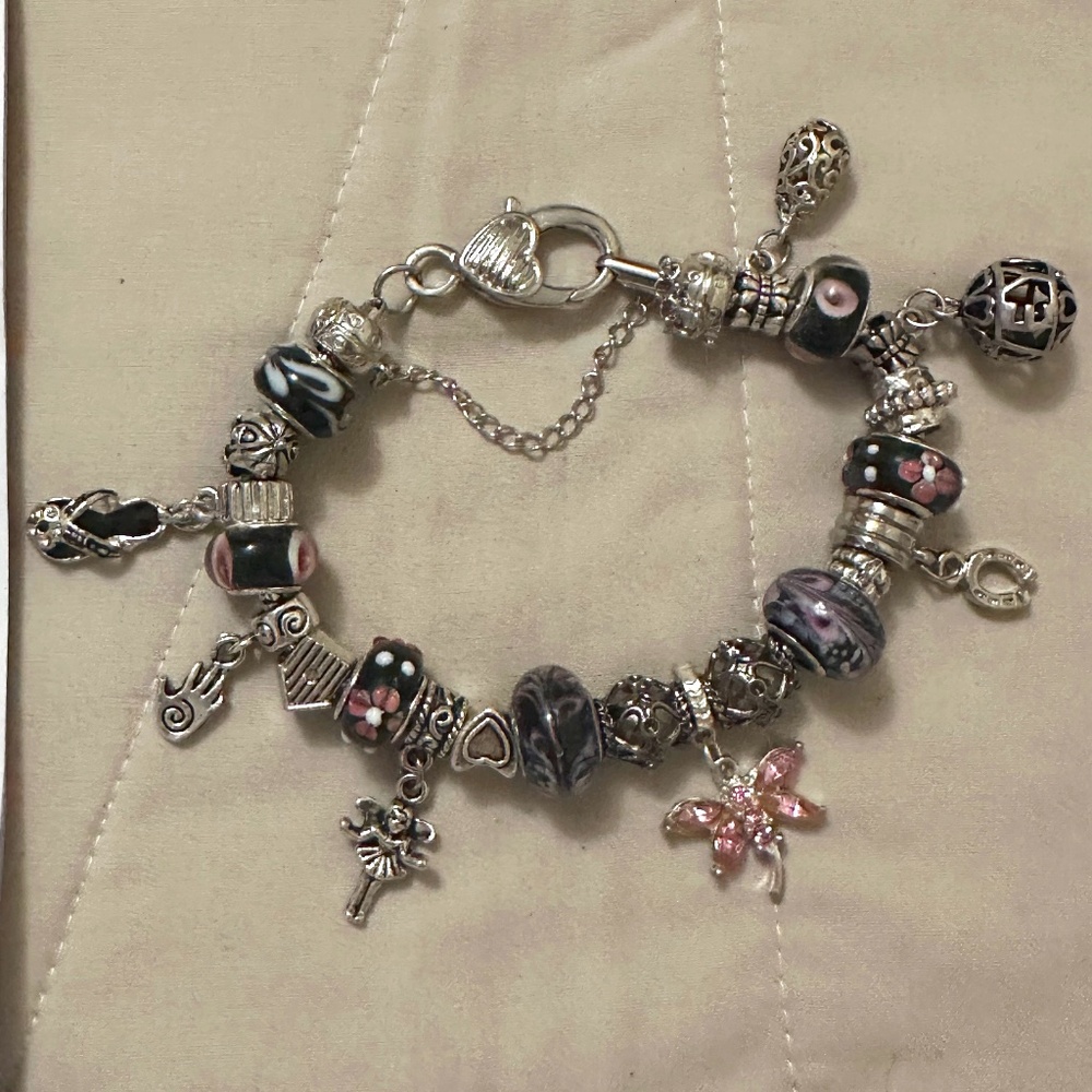 Handmade-NWOT- 925 SS plated charm bracelet, lamp work beads, & fun charms
